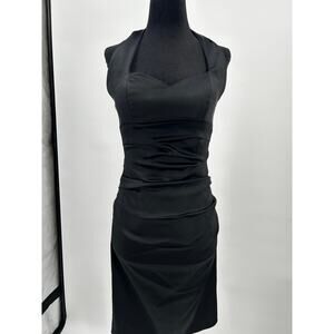 Suzi Chin Maggie Boutique Black Satin Halter Dress Size 2 Ruched Wiggle Cocktail